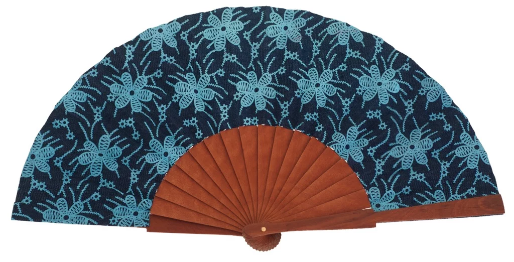EURUS - Éventail bleu denim et turquoise en bois fruitier