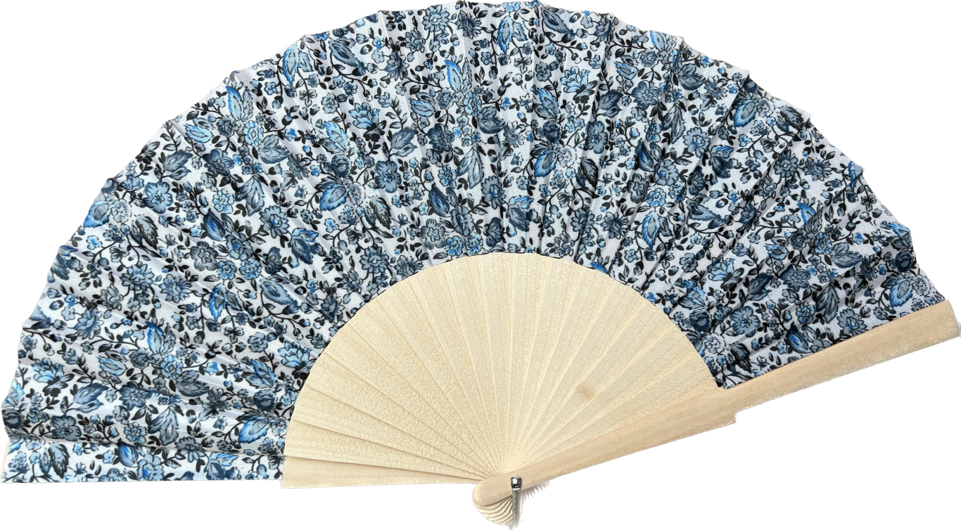 Éventail Décoratif Fleuri Bleu Rose Vert Avec Base Polymère Noir Et Doré Et Dentelle